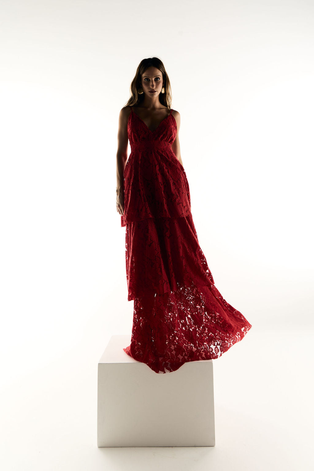 Vestido Longo Babados Renda Vermelho