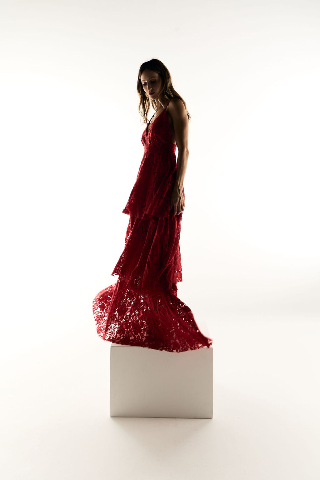 Vestido Longo Babados Renda Vermelho