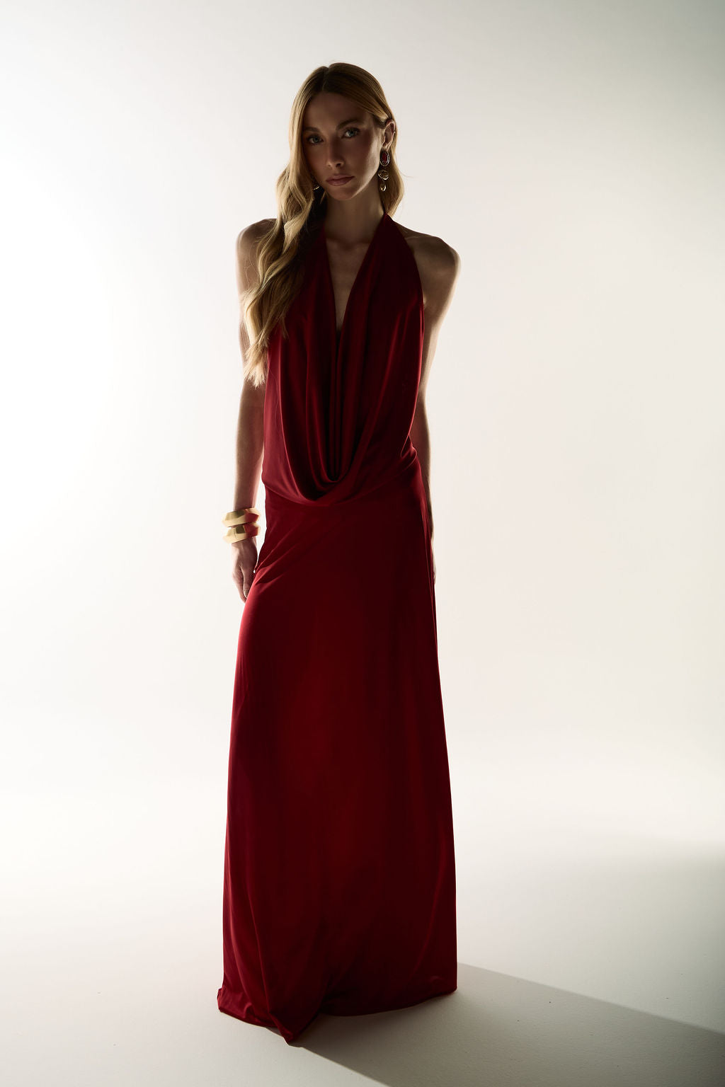 Vestido Longo  Jersey Dreapeado Vermelho