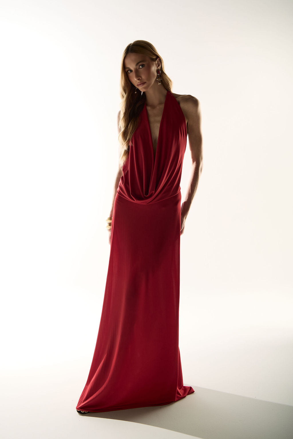 Vestido Longo  Jersey Dreapeado Vermelho