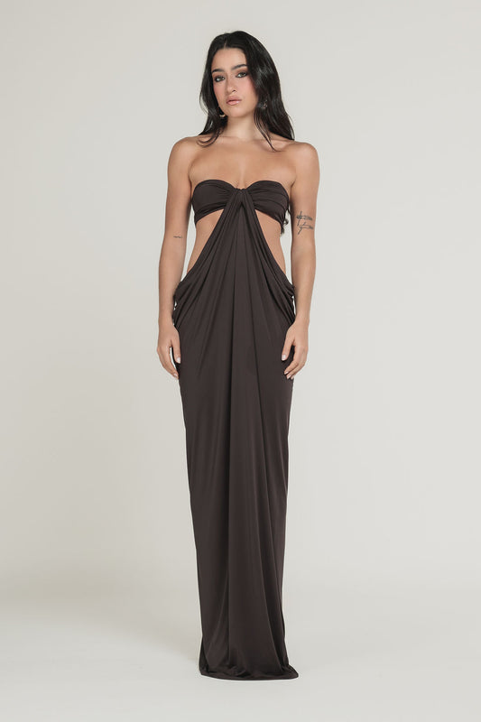 Vestido Longo Cut Out Drapeado Marrom