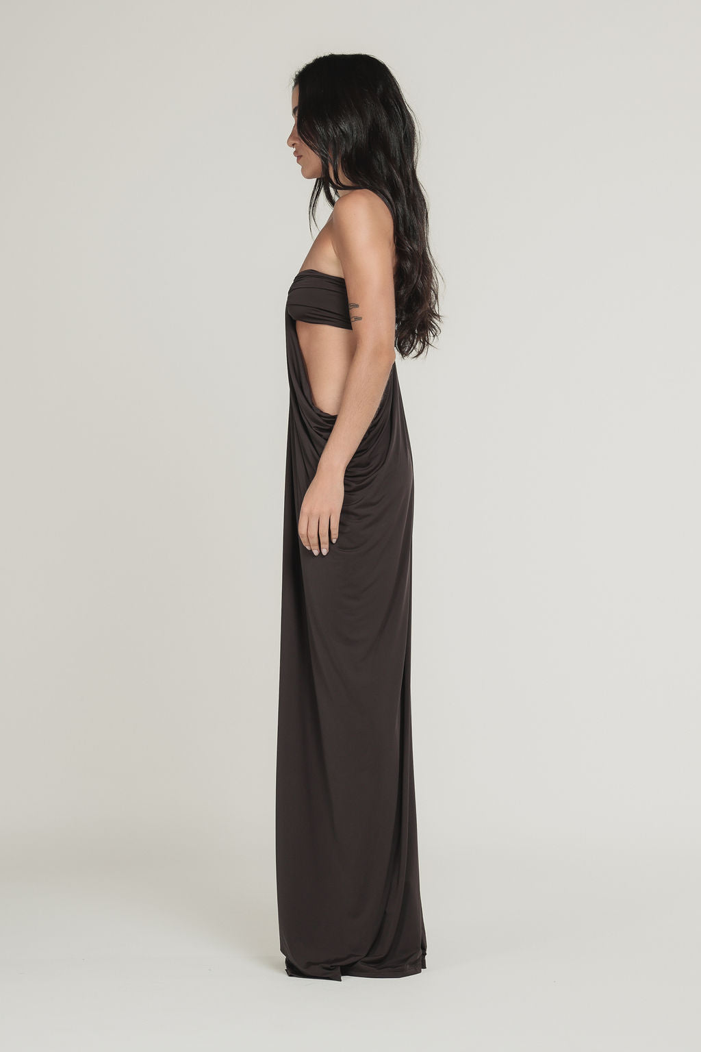 Vestido Longo Cut Out Drapeado Marrom