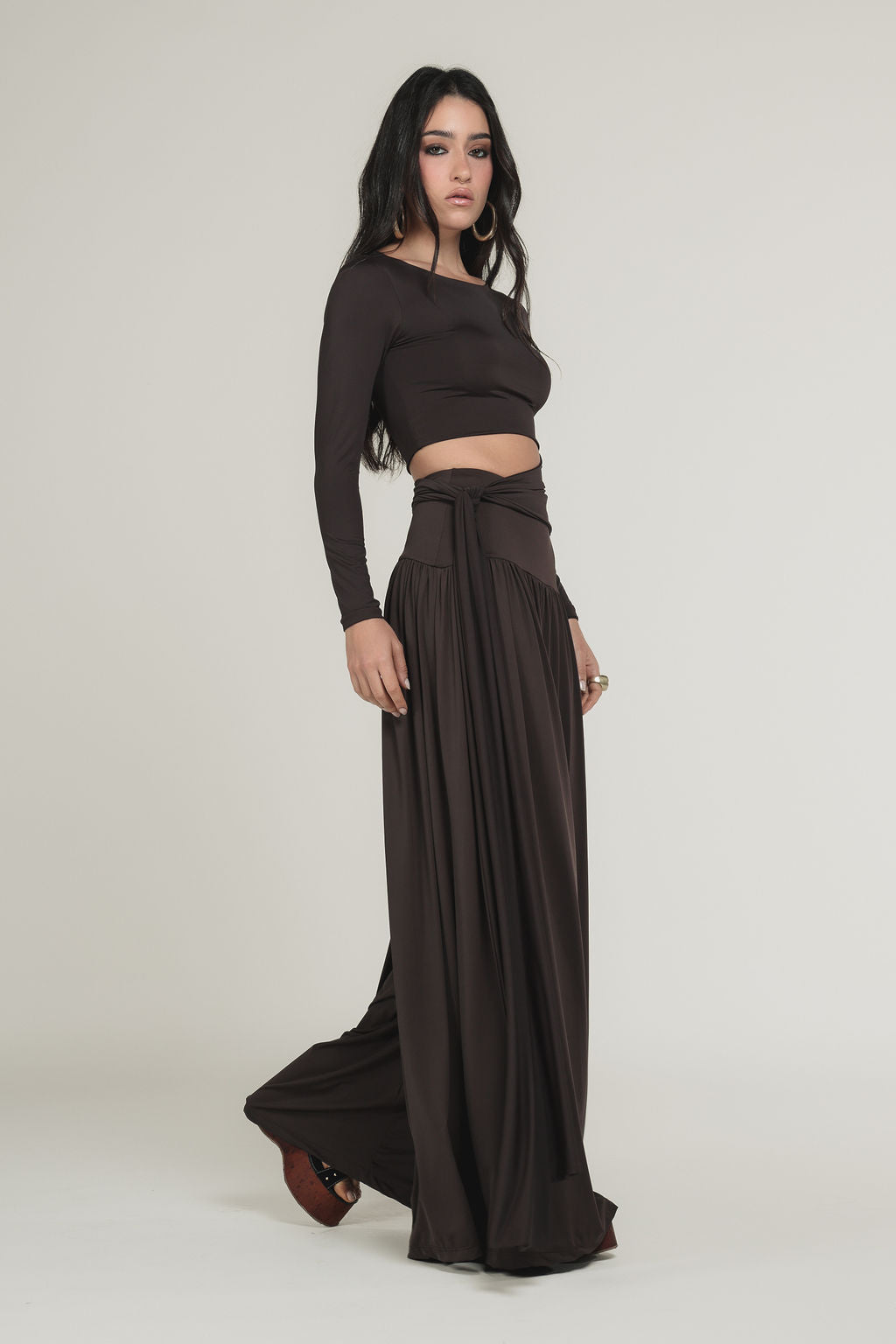 Calça Ampla Malha Marrom