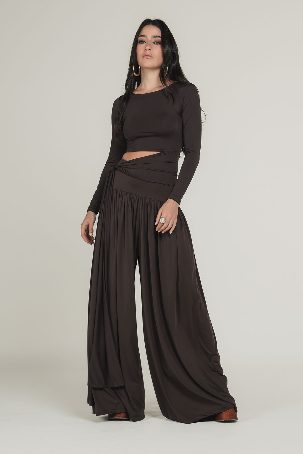 Calça Ampla Malha Marrom
