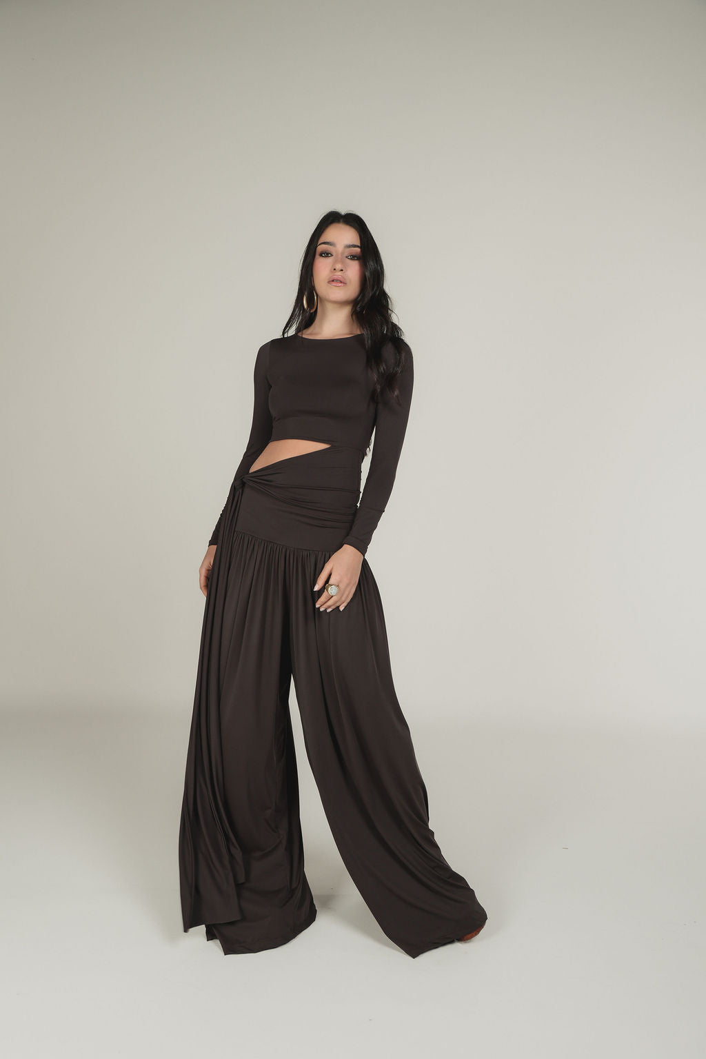 Calça Ampla Malha Marrom