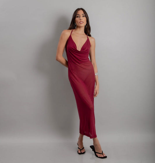 Vestido Midi Drapeado Tule Vinho (2)