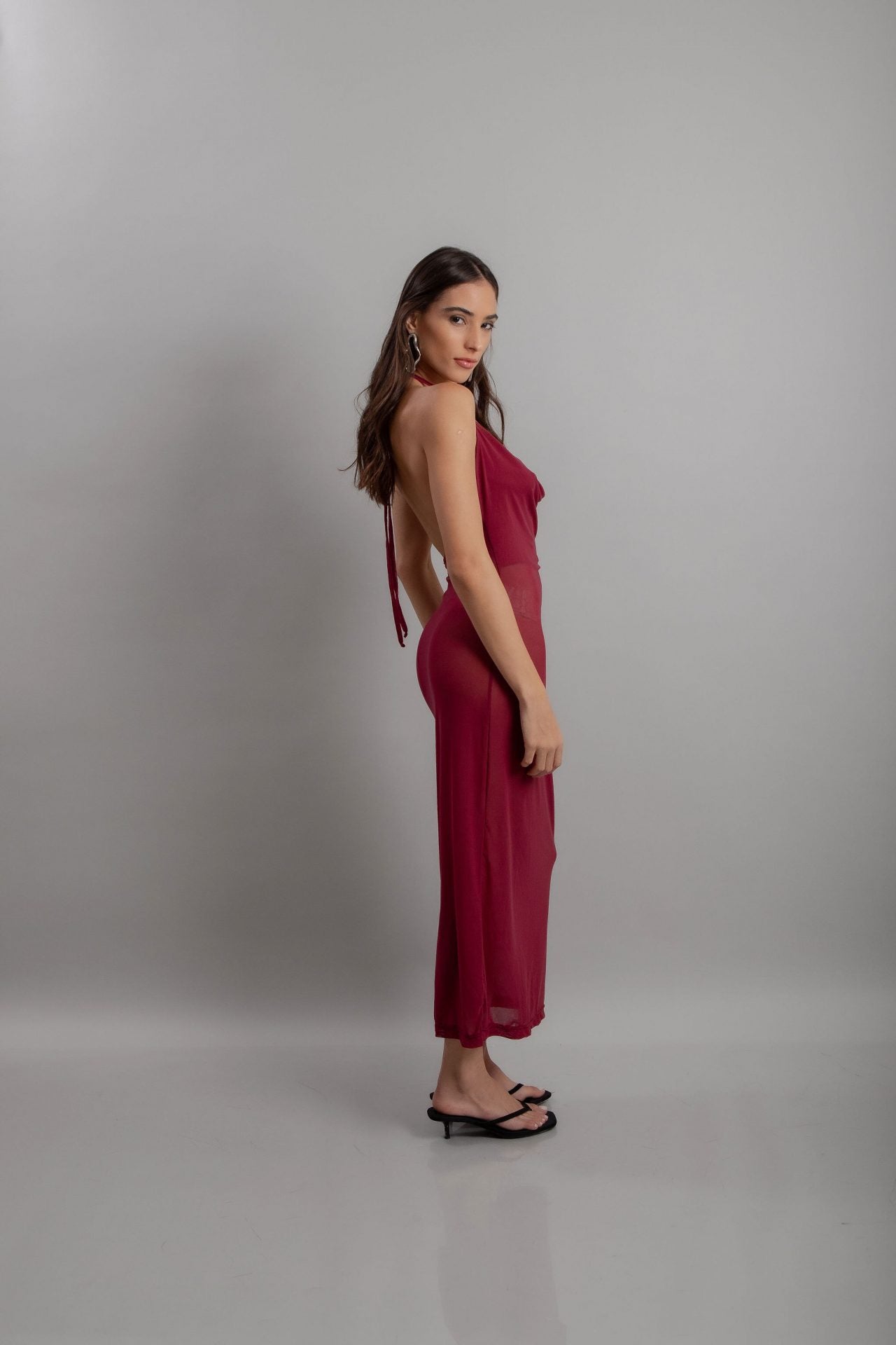 Vestido Midi Drapeado Tule Vinho (3)