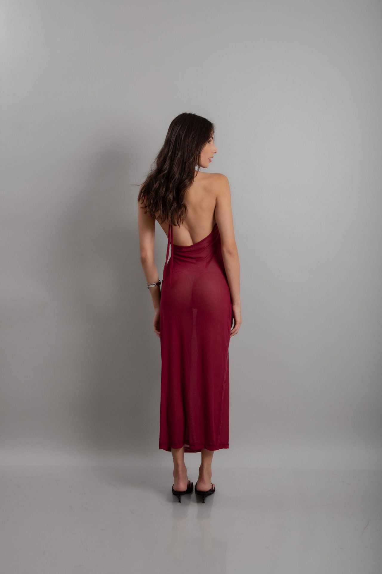 Vestido Midi Drapeado Tule Vinho (4)