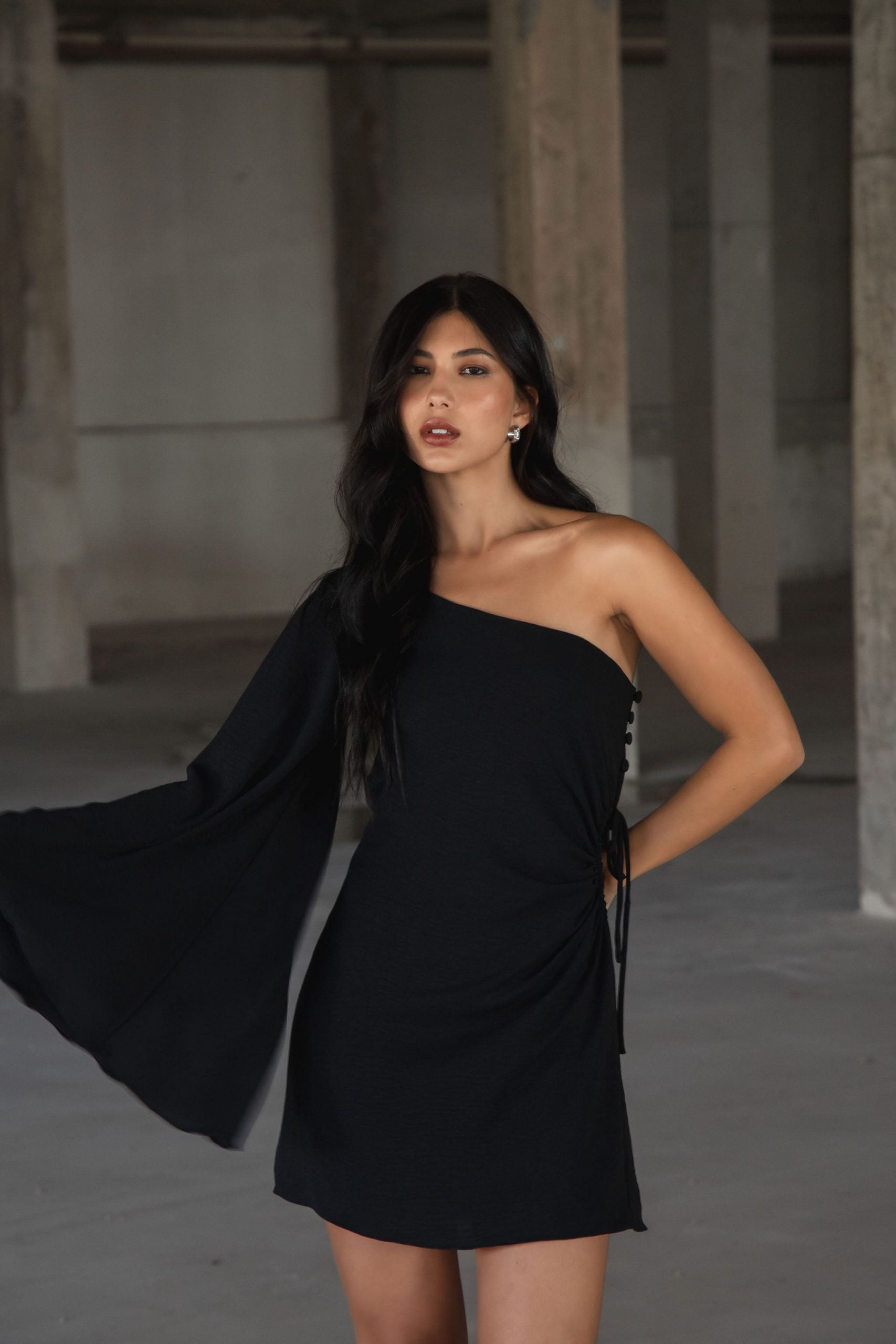 Ombro Só Vestido Preto Paete Manga Longa Um Ombro Só Vestido Longo